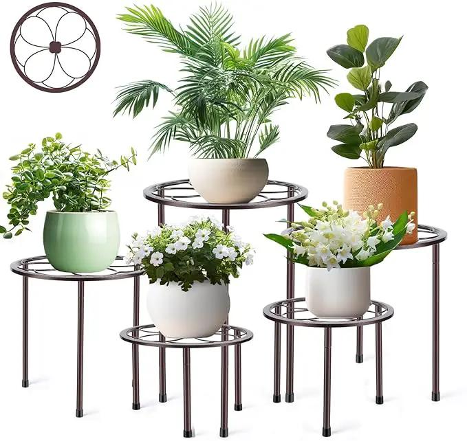 5 Pack Metal Plant Stand, Anti-Rust Iron Plant Stands for Indoor and Outdoor, Heavy Duty Flower Pot Stands for Multiple Plant, Black Potted Plant Holder for Garden Home (5 Pack Brown) by GreenHaven Gardens