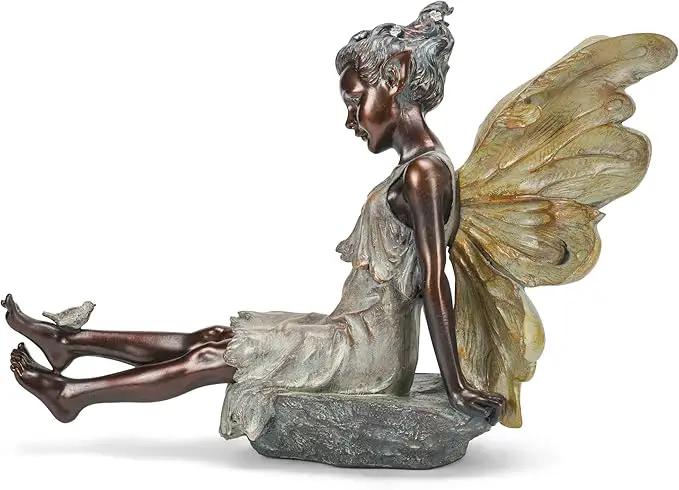Fairy with Bird Bronze Tone 12.5 x 18 Inch Resin Stone Outdoor Garden Statue by GreenHaven Gardens
