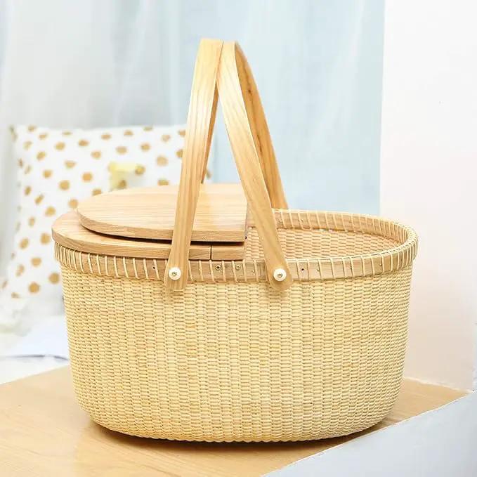 Nantucket Basket Crafts Cane-on-Cane Weave Picnic Basket Shopping Basket Basket Storage Basket Two Swing Handles (Ash Activity Double Open) by GreenHaven Gardens