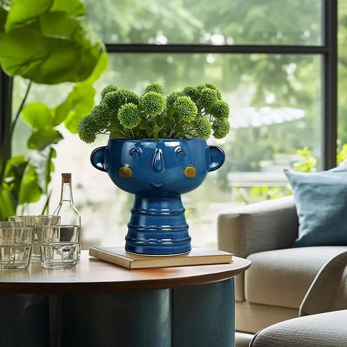 Face Planter Pot Head 7 Inch - Cute Ceramic Head Planter for Indoor Outdoor Plants Unique Flower Pot with Drainage Hole Gift Ideas for Christmas Blue by GreenHaven Gardens