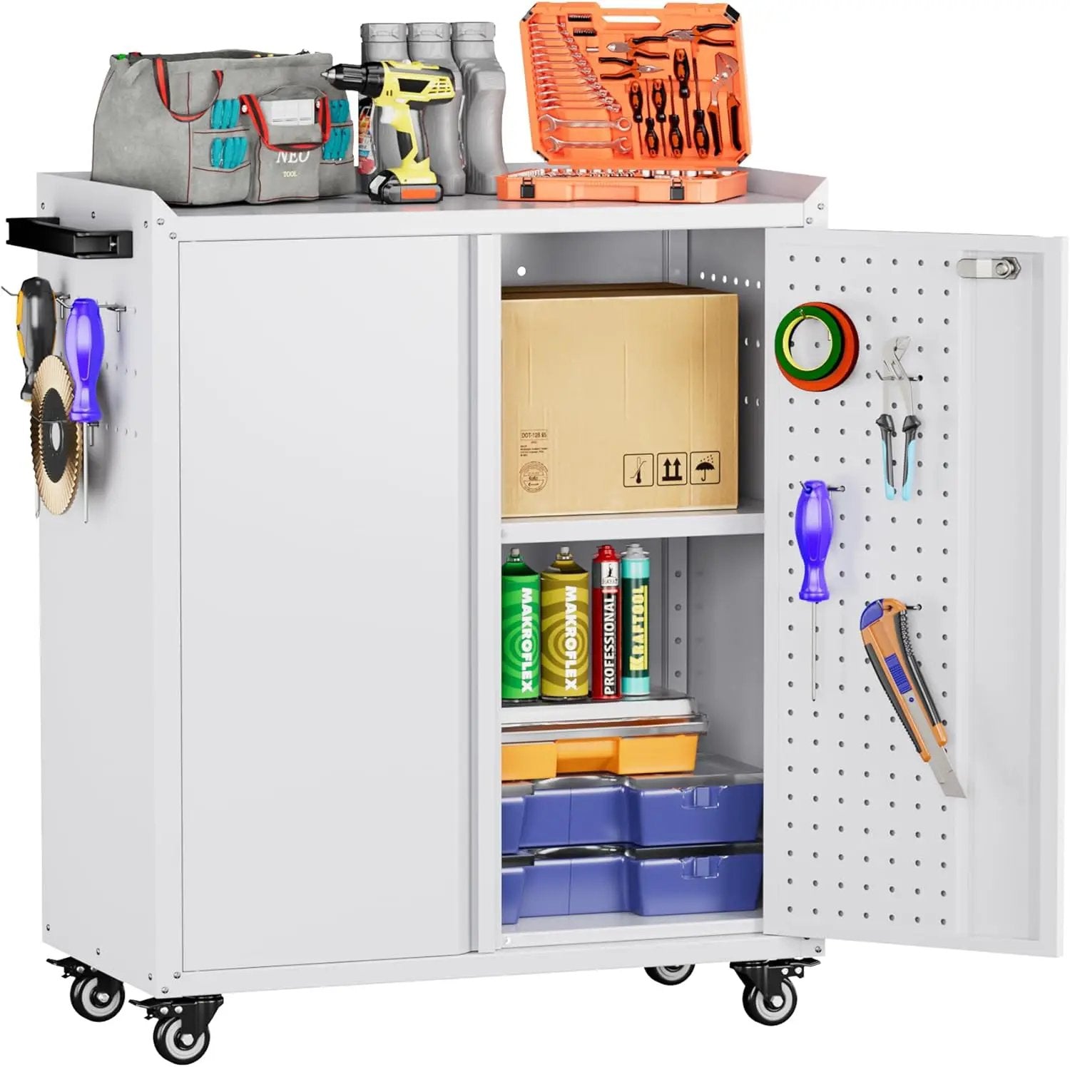 Garage Storage Cabinet with Wheels & Pegboard, 34.3" H Locking Metal Tool Storage Cabinet with Doors and Shelf & 4 Hooks for Garage, Home, Workshops, Assembly Required, White by GreenHaven Gardens