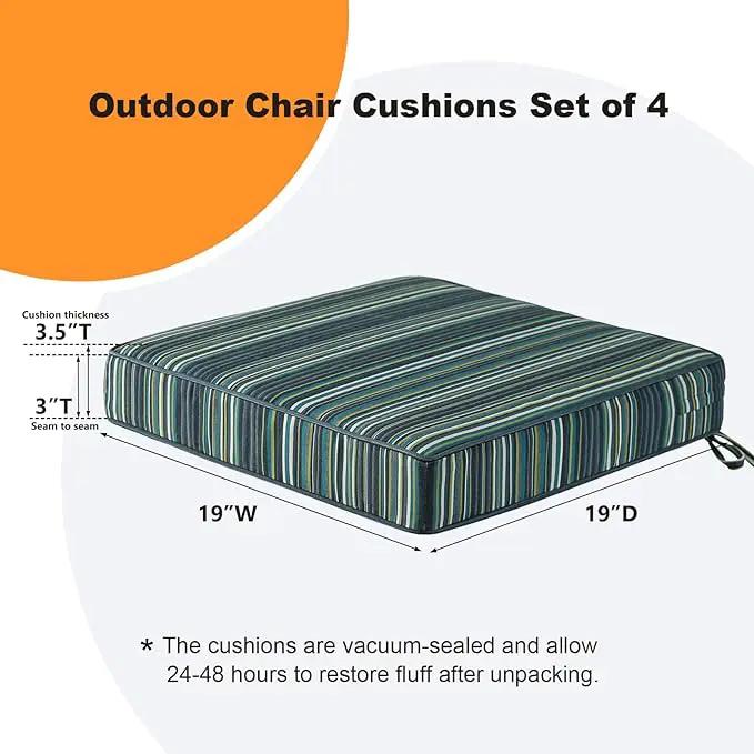 Sunbrella Square Corner Seat Cushions, 19" x 19" x 3", Set of 4, Indoor Outdoor Water Repellent Universal Chair Pads with Ties for Patio Furniture, Garden Deck Dining Chairs, Beach Stripe Lagoon by GreenHaven Gardens