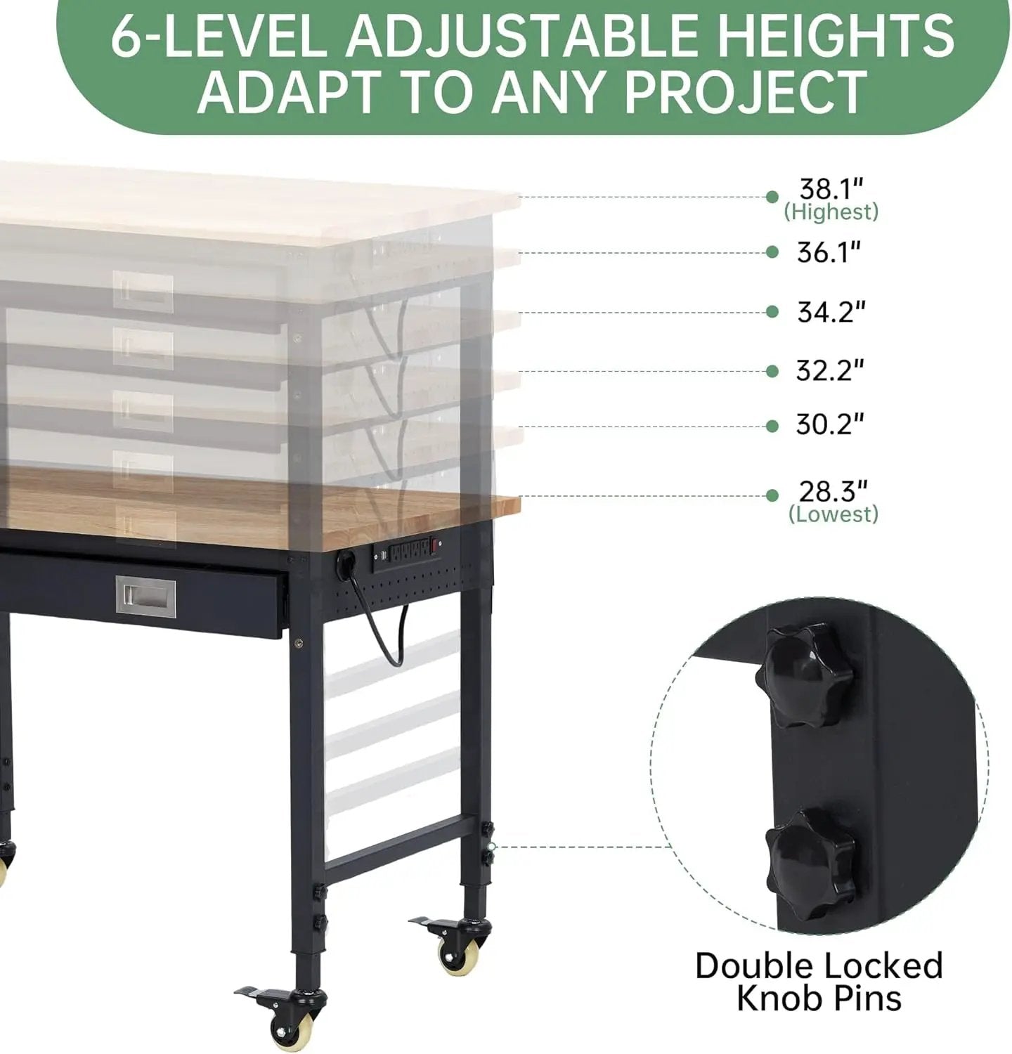 48'' Adjustable Workbench, Heavy Duty Workbench with Drawer, Power Outlet and Lockable Wheels, 2000 LBS Capacity, Work Table Suitable for Office, Garage, Workshop by GreenHaven Gardens