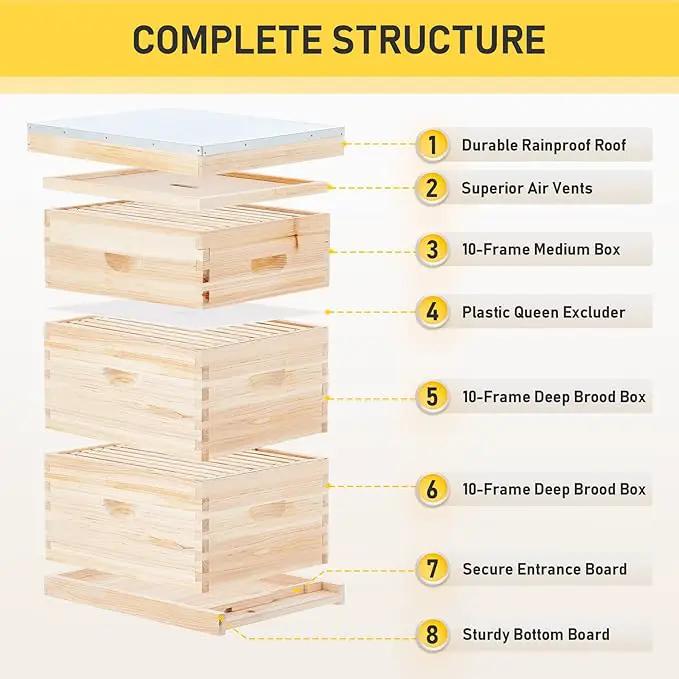 CREWORKS Bee Hive Boxes Starter Kit, 3 Layer Bee House Langstroth Beehive for Bees Keeping, Beekeeping Supplies with Plastic Queen Excluder and Nails (10 Medium and 20 Deep Frames) by GreenHaven Gardens