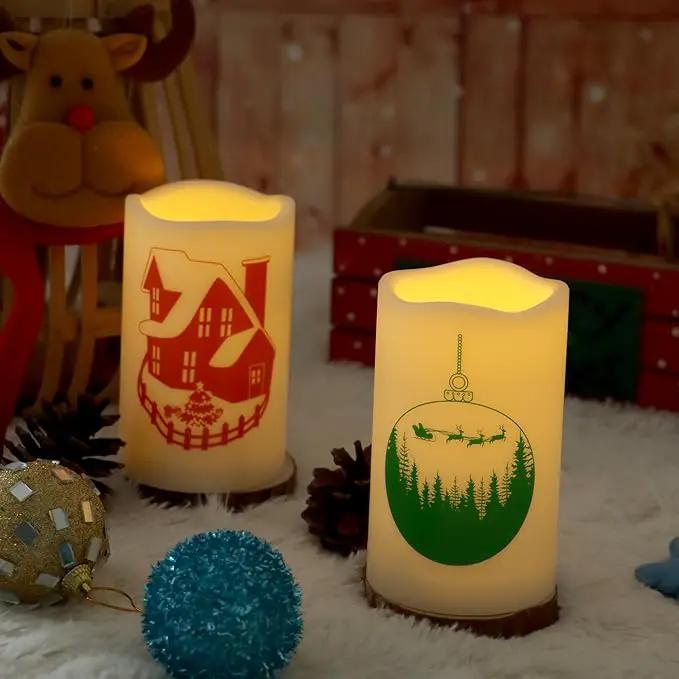 Outdoor Battery Operated Flameless Pillar Candles Auto Daily Timer Waterproof Realistic Flickering Electric LED Lights Snow House Christmas Ball Tree Decals Xmas Decorations 3”X5” 2 Pack by GreenHaven Gardens