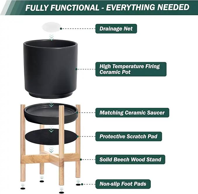D'vine Dev Ceramic Planter with Natural Stand - 10 Inch Modern Round Flower Pot with Wood Planter Holder, Black, 55-B-K-2 by GreenHaven Gardens