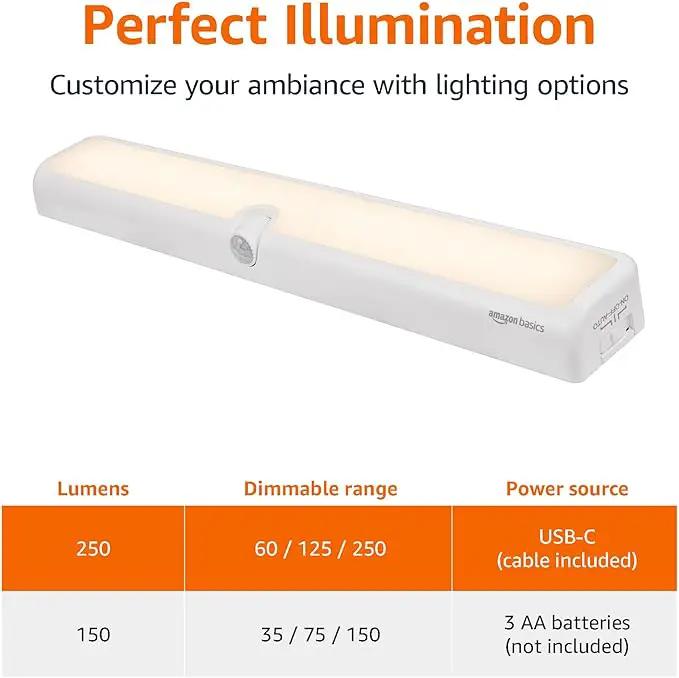 Amazon Basics LED USB/Battery Operated Light Bar, Swivel Motion Sensor, Stick on Lights, 250 Lumens, 12 Inches, Under Cabinet Lighting, Closet, Kitchen, 2 Pack, White by GreenHaven Gardens