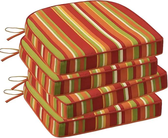 Outdoor Round Corner Seat Cushion, 17"x16"x2", Set of 4, Non Slip Seat Cushion Pads with Removable Cover for Patio Furniture, Garden Yard Lawn, Rainbow Stripe by GreenHaven Gardens