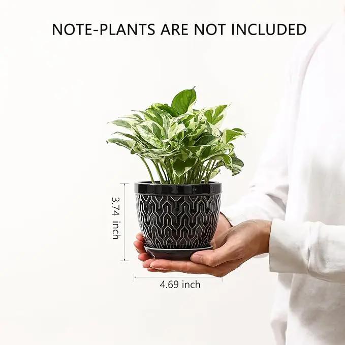 Sureasy Ceramic Plant Pots, 4.7 Inch Flower Pots for Indoor Plants, Succulent Pots with Saucer and Drainage Hole, Decorative Planter for Succulent, Cactus, Set of 4, Black by GreenHaven Gardens