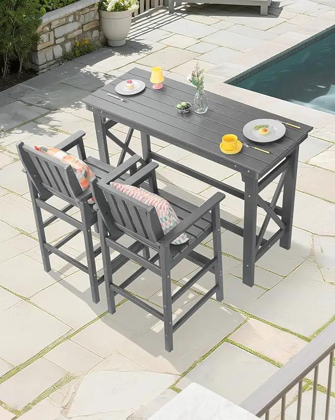 3 Pieces HDPE Outdoor Patio Bar Set, Rectangular Bar Height Table and Chairs Set, Patio Bar Stools Set, HDPE Outdoor Bar Table and Chairs Set for Balcony, Poolside, Porch, Smoke Gray by GreenHaven Gardens