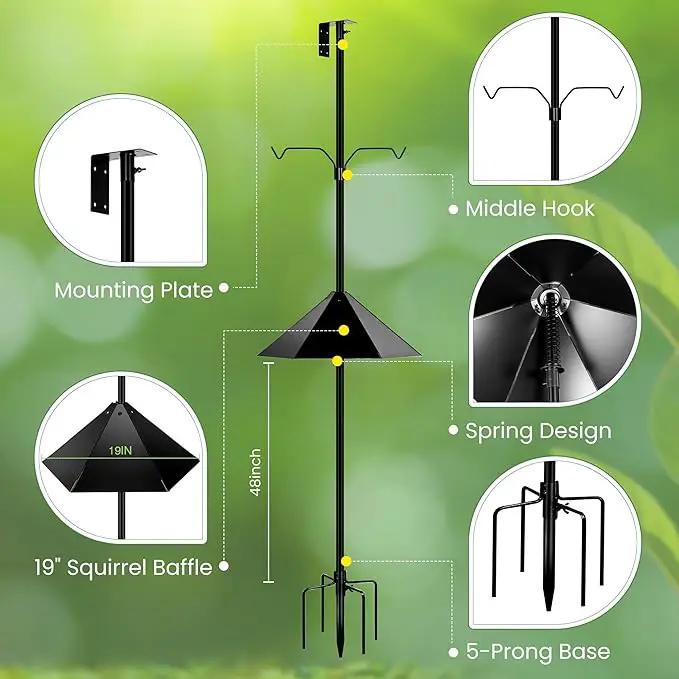 Bird House Pole, 95 Inch Heavy Duty Bird Feeder Pole Mount Kit for Outdoors, Adjustable Feeding Stand, with 2-Hooks, Metal Squirrel Baffle and 5-Prong Base, for Birds Watching by GreenHaven Gardens