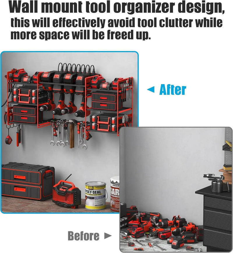 CCCEI Red Power Tool Organizer Wall Mount, Large Tools and Battery Storage Rack Charging Station Individual Switches. Drills Holder, Garage Utility Shelves with 6FT Power Strip. Gift for Men. by GreenHaven Gardens