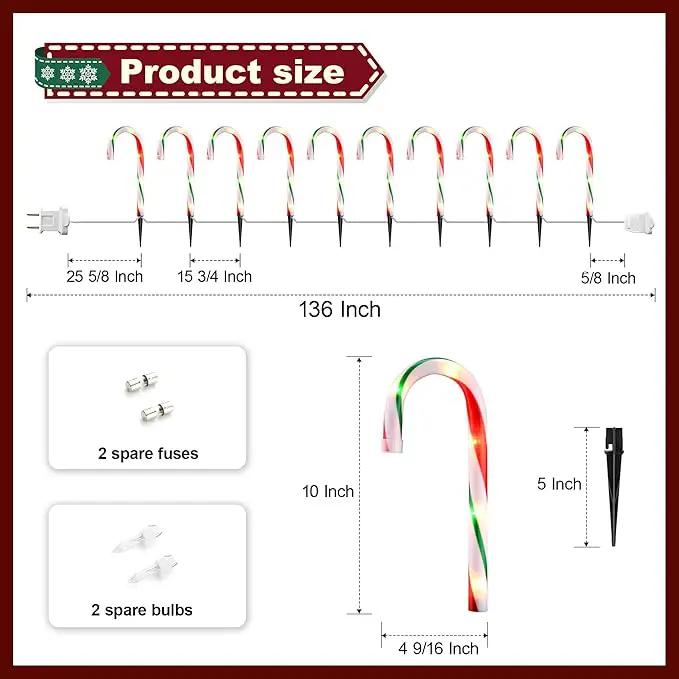 10" Christmas Candy Cane Pathway Lights, Set of 10 Pack Christmas Outdoor Decorations Candy Cane Lights Red & Green by GreenHaven Gardens