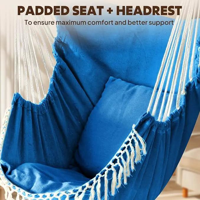 Chihee Hammock Chair Hanging Swing 2 Pillows Included,Strong Webbing Straps and Hooks for Easy Hanging Soft Cotton Hanging Chair Side Pocket Tassel Chair Comfort Indoor Outdoor Royal Blue by GreenHaven Gardens