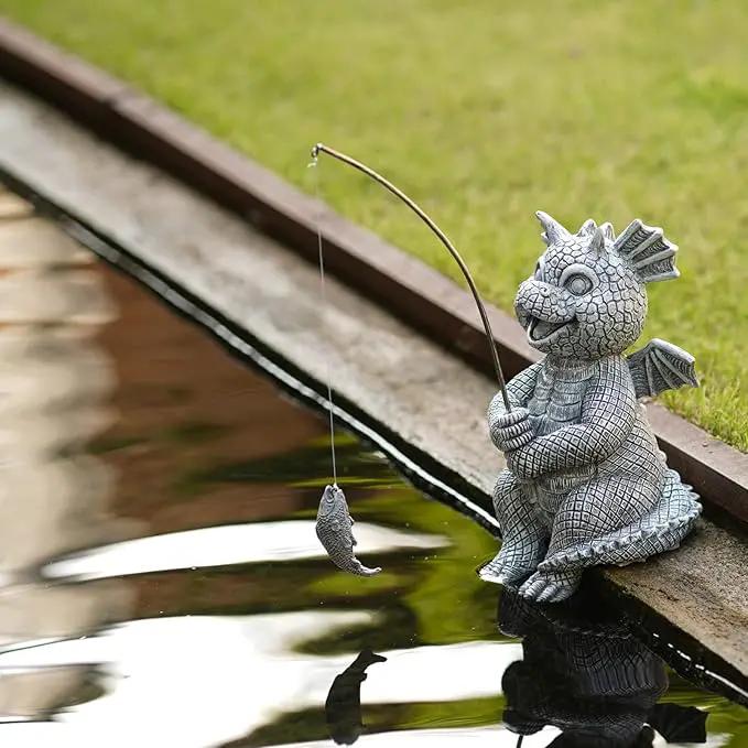Goodeco Dragon Statue Garden Decor - Adorable Baby Fishing Dragon Figurines Outdoor Statues for Koi Pond/Fairy Garden Accessories,Gardening Gifts for Women 5.1 * 8.5 in by GreenHaven Gardens