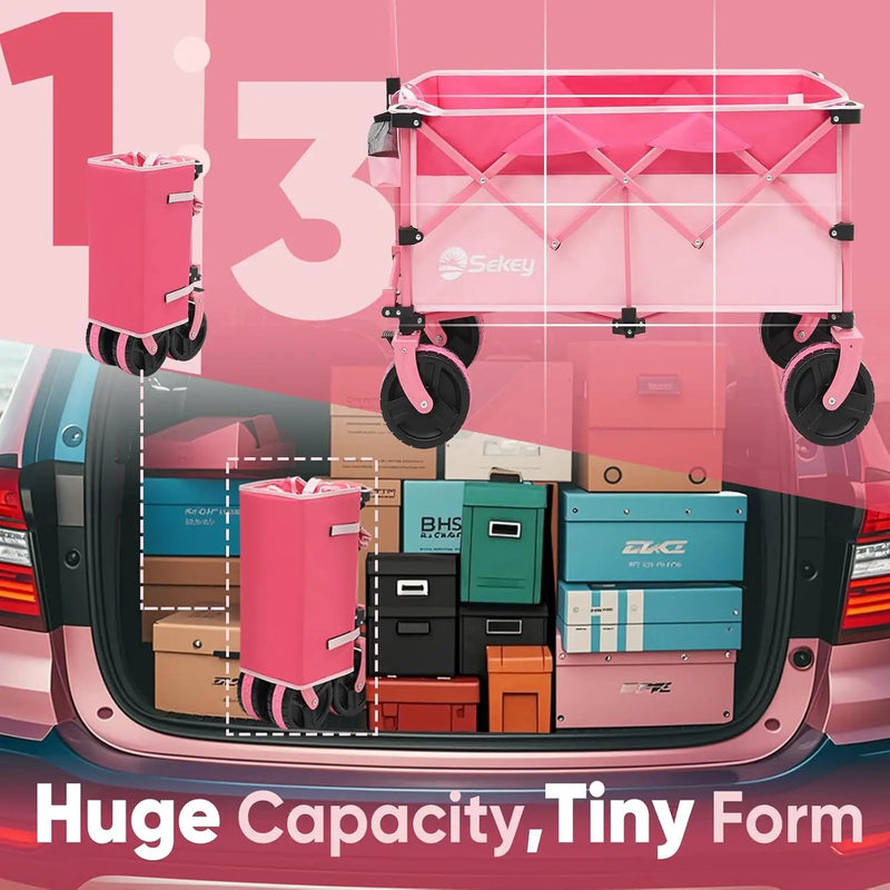 Sekey 220L Collapsible Foldable Wagon with 330lbs Weight Capacity, Heavy Duty Folding Utility Garden Cart with Big All-Terrain Beach Wheels & Drink Holders.Pink by GreenHaven Gardens