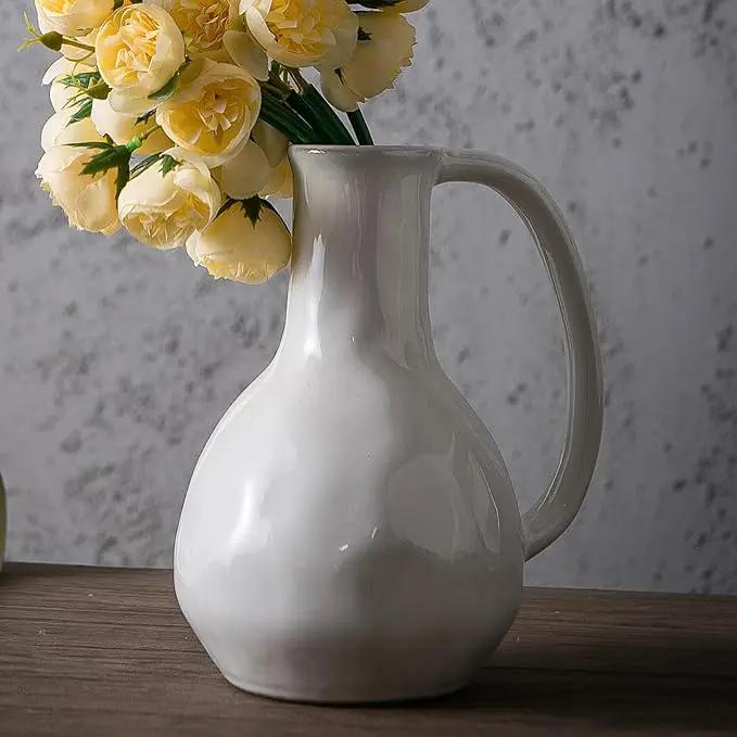 White Ceramic Vase with Big Handles, Modern Farmhouse Decor, Rustic Pottery for Flowers, Decorative Terracotta Centerpiece for Dining Table by GreenHaven Gardens