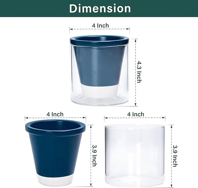 D'vine Dev 4 Inch Design Self Watering Planter for Indoor Plants, Blue Terracotta Pot with Cylinder Glass Cup, Set of 3, 37-Z-A-4-T by GreenHaven Gardens