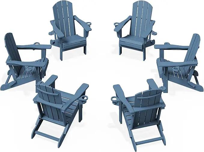 KINGYES Folding Adirondack Chair Set of 6, Dual Cup Holders & All-Weather HDPE, Wood-Like Patio Chair for Backyard, Camping,Pool & Fire Pit, Navy by GreenHaven Gardens