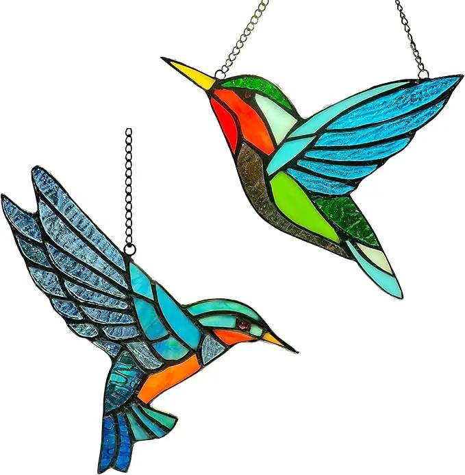 2 Pack Hummingbird Stained Glass Birds Window Hangings, Stained Glass Decorations,Bird Suncatcher for Window Decor Hummingbird Gifts for Mom,Bird Lovers by GreenHaven Gardens