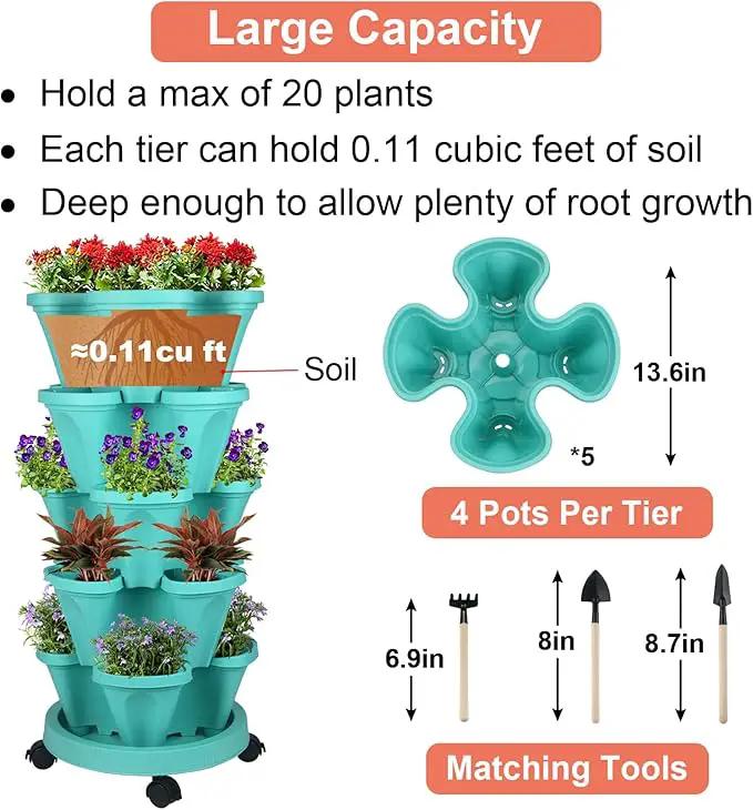 Vertical Planter 5 Tier Stackable Planters Garden Planters Strawberry Herb Flower and Vegetable Planter Indoor Outdoor Gardening Pots with Removable Wheels and Tools by GreenHaven Gardens