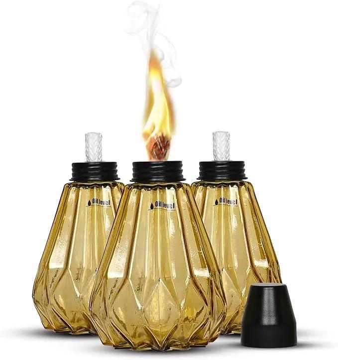 Deco Window Pack of 3 Table Torch for Indoor Outdoor Citronella Oil Tabletop Glass Lamp Landscape Yellow Lantern with Fiberglass Wick & Cap for Garden Patio Yard Party Decor Light by GreenHaven Gardens