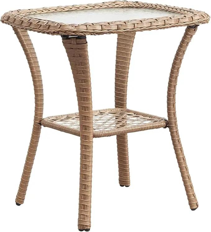 Patio Tables Wicker Side Table - Rattan Coffee Tables with Glass Top End Table for Outdoor Outside Patio Porch Square Yellow by GreenHaven Gardens