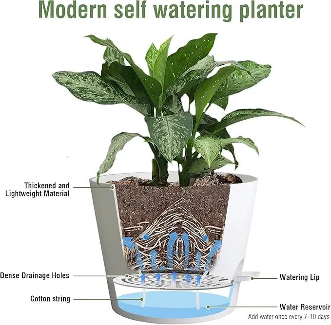 12 inch Large Self Watering Pots for Indoor Outdoor Plants, Flower Plant Pots with Mesh Drainage Holes for Garden House, Plastic Planters with Reservoir for Home, White by GreenHaven Gardens
