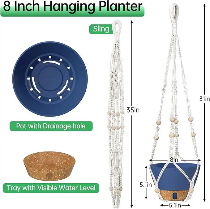 ZMTECH 2 Pack 8 Inch Blue Hanging Planters with Macrame Plant Hanger for Indoor and Outdoor Plants, Self Watering, Drainage Hole, Visible Level Tray by GreenHaven Gardens
