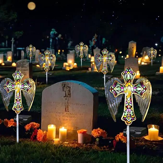 YJFWAL Solar Glass Cross Garden Stake Light, Cemetery Decorations for Grave Outdoor Lights, Jesus Cross Angel Wings Sympathy Memorial Gifts, for Easter Halloween Garden Lawn Yard Patio Decor by GreenHaven Gardens