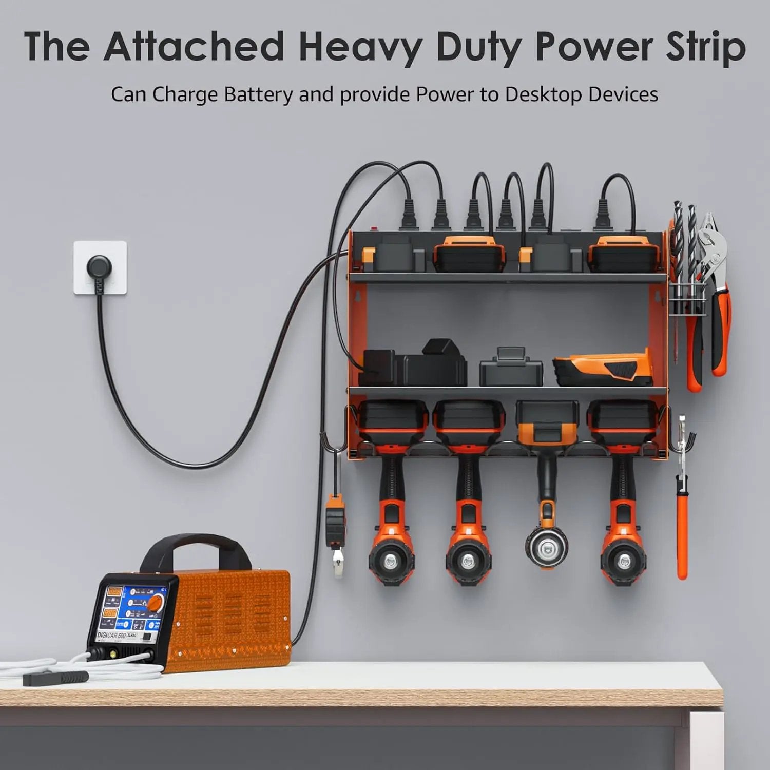 CCCEI Modular Power Tool Organizer Wall Mount with Charging Station. Garage 4 Drill Storage Shelf with Hooks, Drill Bit Heavy Duty Rack, Orange Tool Battery Holder Built in 8 Outlet Power Strip. by GreenHaven Gardens