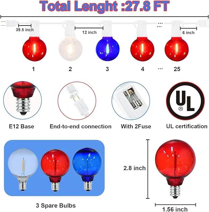 G40 LED Red White and Blue Lights, 27.8 FT 4th of July Lights Plug in with 25+3 Bulbs, Patriotic Decorations Outdoor String Light for Memorial Day Independence Day Patio Garden Backyard Bistro Decor by GreenHaven Gardens