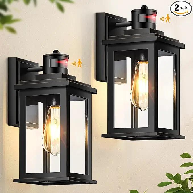 VIANIS 2 Packs Motion Sensor Outdoor Lights for House, Dusk to Dawn Front Porch Light, Black Gold Outdoor Light Fixture Sconce with Tempered Glass for House, Doorway, Entryway,Hardwired, Non-Solar by GreenHaven Gardens