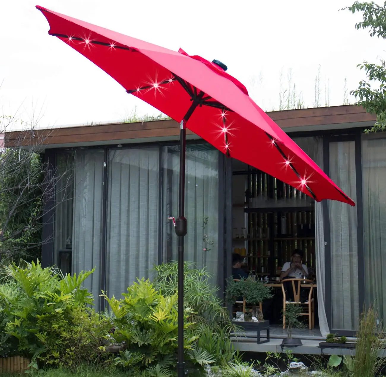 Sunnyglade 9' Solar LED Lighted Patio Umbrella with 8 Ribs/Tilt Adjustment and Crank Lift System (Red) by GreenHaven Gardens