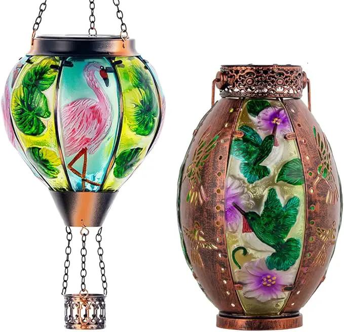 Starsoul Flamingo + Hummingbird Solar Lantern Solar Hot Air Balloon Flickering Flame Hanging Garden Light Stained Glass & Metal Outdoor Lantern Waterproof Hummingbird Hanging Lantern by GreenHaven Gardens