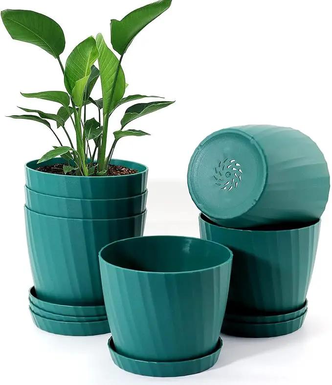 7 Inch Plant Pots Bulk, 6 Pack Plastic Planters with Drainage Holes and Saucers for Indoor Outdoor House Plants and Flowers, Green by GreenHaven Gardens