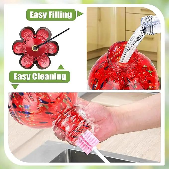 BOLITE Hummingbird Feeder, Hand Blown Glass Hummingbird Feeders for Outdoors Hanging, with Ant Moat and 5 Feeding Ports, 22 Ounces, Peony Flower Shape, Red, Gifts for Women Men, Gifts for Mom Dad by GreenHaven Gardens