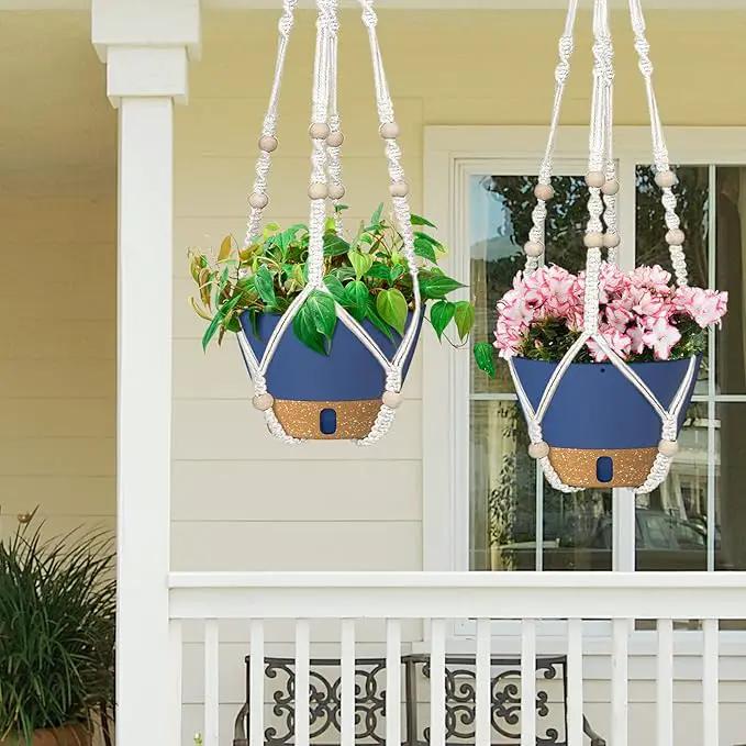 ZMTECH 2 Pack 10 Inch Blue Hanging Planters with Macrame Plant Hanger for Indoor and Outdoor Plants, Self Watering, Drainage Hole, Visible Level Tray by GreenHaven Gardens