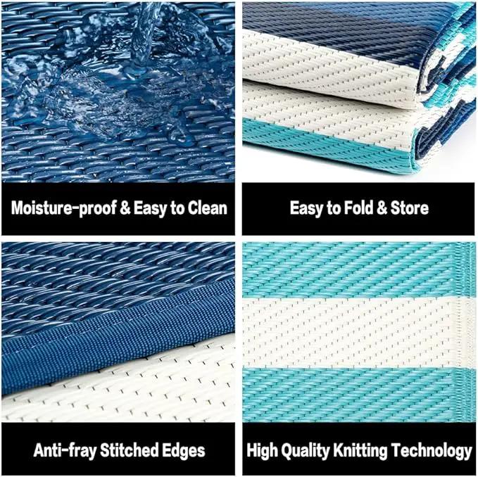 Outdoor Waterproof Rug 8'x10' Plastic Straw Rugs Washable Reversible Floor Mat Blue Stripe Carpet for Camping RV Deck Entryance Porch Picnic Balcony Beach Backyard by GreenHaven Gardens