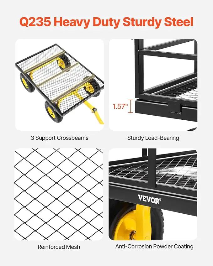 VEVOR 1400 Lbs Steel Garden Cart, Heavy Duty Pullable Garden Wagon Yard Cart, 2 in 1 Outdoor Metal Utility Wagon Yard Trailer with 13" All Terrain Tires, Mesh Removable Sides and 180°Rotating Handle by GreenHaven Gardens