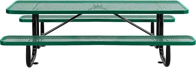 Global Industrial 8’L Rectangular Picnic Table, Expanded Metal, Green Thermoplastic Coating, Attached Benches, 1-1/2” Umbrella Pole Hole, Outdoor-Rated, 1000 lb Capacity, 96” x 30” Tabletop by GreenHaven Gardens