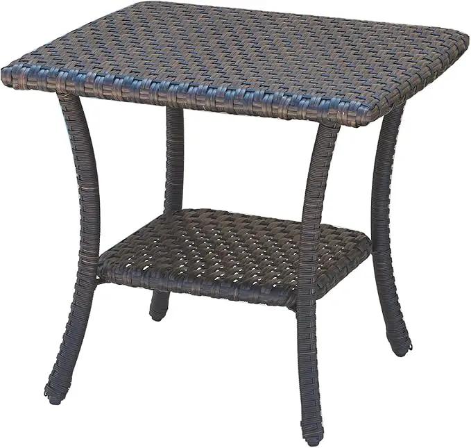 Patio Tables Outdoor Coffee Table - Wicker Rattan Side Tables with 2-Tier Storage Shelf End Table for Porch Deck Balcony Garden Outside Square Brown by GreenHaven Gardens