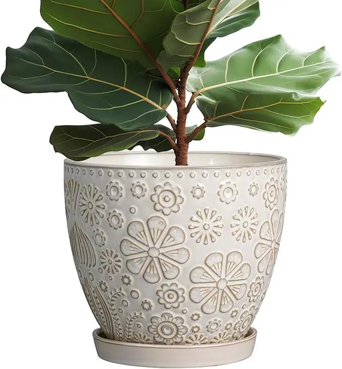 10 Inch Ceramic Planter Pot Large Plant Pot for Indoor Plants Outdoor Round Flower Pot with Drainage Hole and Saucer for Home Garden Decor White by GreenHaven Gardens