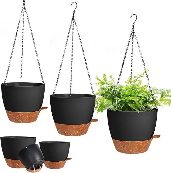 3 Pack Hanging Planter Indoor Outdoor Flower Pots 7/6.5/5 Inch, Self-Watering Hanging Pot with Drainage Holes Hanging Baskets Holder Plant Pots for Garden (Black) by GreenHaven Gardens