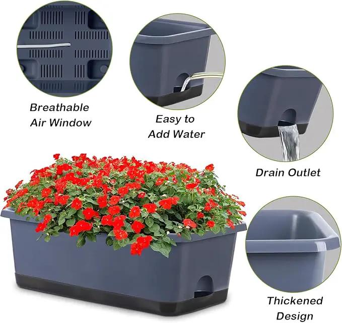 Window Box Planter 8 Pcs, 17 Inches Rectangle Flower Pots with Drainage Holes and Trays, Vegetable Planters for Windowsill Patio Garden Balcony Home Porch Yard Indoor Outdoor (Grey) by GreenHaven Gardens
