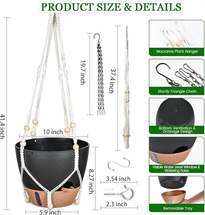 10 Inch Hanging Planters for Indoor Plants, 2 Pack Self Watering Hanging Baskets Flower Pots with Drainage Hole, Visual Reservoir & 2 Kinds of Plant Hanger for Outdoor Garden Home Decor by GreenHaven Gardens