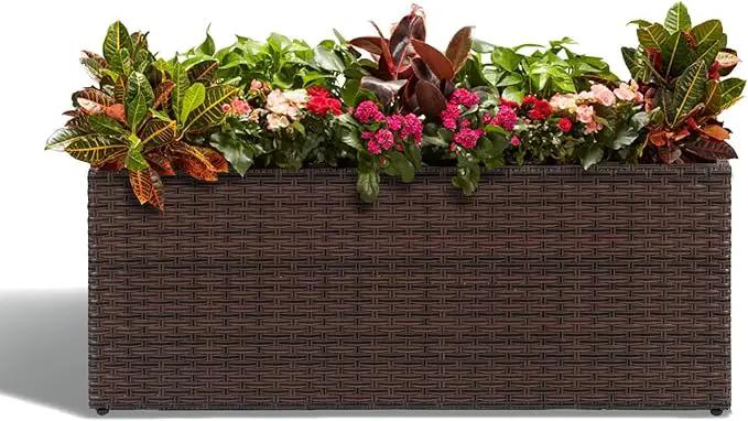 LEWIS&WAYNE Large Rectangular Block Planter Box Handmade Wicker Tall Planters for Outdoor Plants with Removable Liners Modern Planter for Indoor Outdoor Patio Deck - Brown, 36''x12''x16'' by GreenHaven Gardens