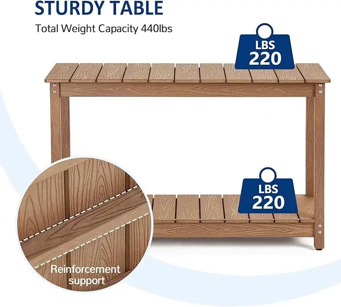 Outdoor Console Table, 48" Weather Resistant HIPS Patio Side Table, 440LBS Weight Capacity, 2-Tier Multifunctional Buffet Bar Storage Organizer for Garden Deck, Teak by GreenHaven Gardens