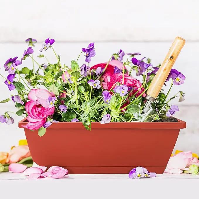 Window Box Planter, 7 Pack Plastic Vegetable Flower Planters Boxes 17 Inches Rectangular Flower Pots with Saucers for Indoor Outdoor Garden, Patio, Home Decor (Red) by GreenHaven Gardens