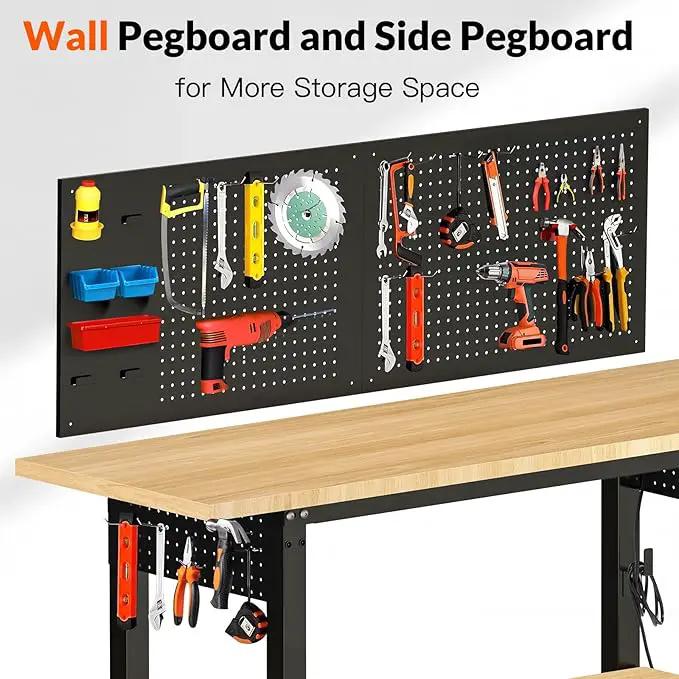 Adjustable Height Workbench, Heavy Duty Table Rubber Wood Workstation with Power Outlet & Pegboard for Garage, Office, Workshop, Home,Commercial (60"×22"|Shelf) by GreenHaven Gardens